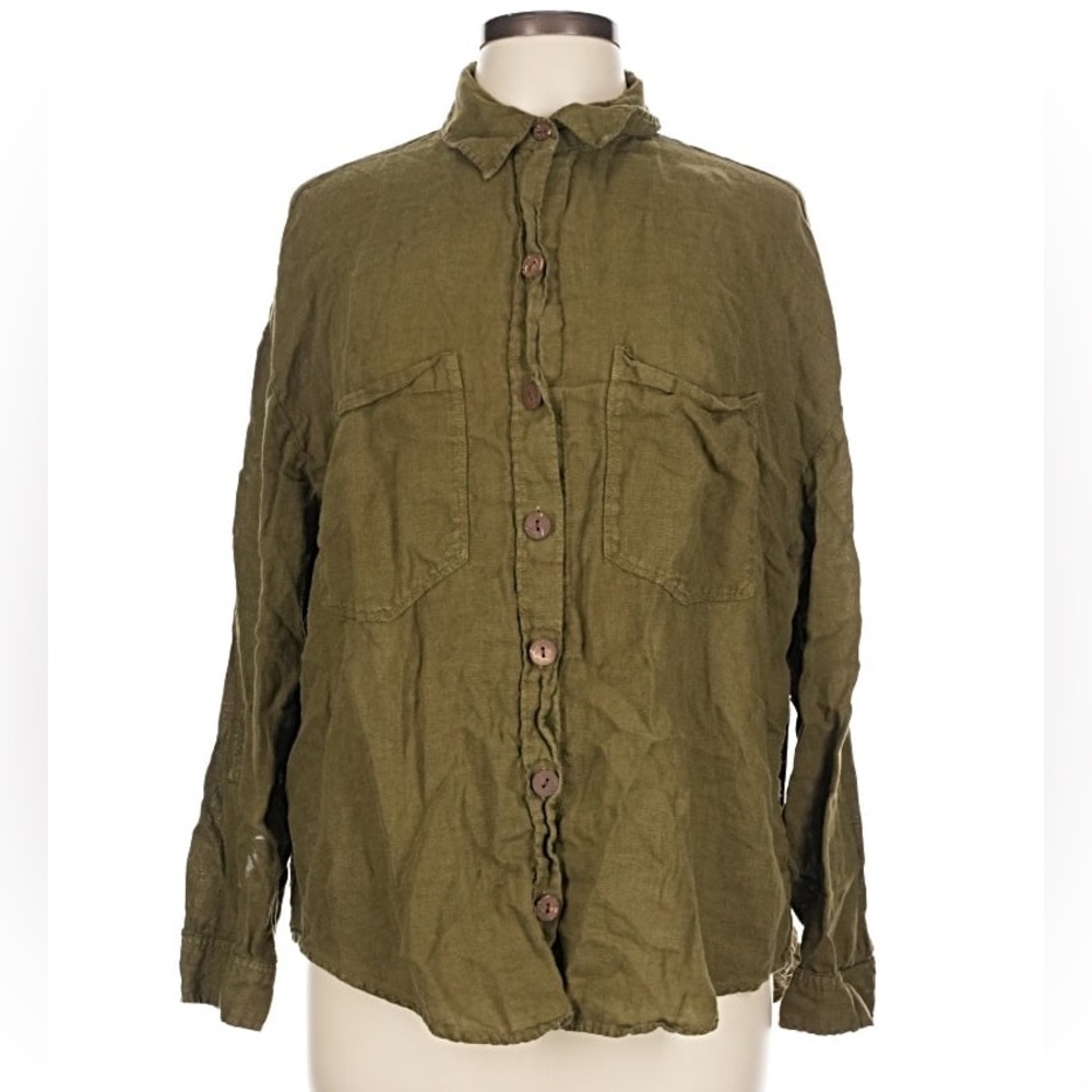 Zara Longe Sleeve Button Down Linen Olive Green LARGE